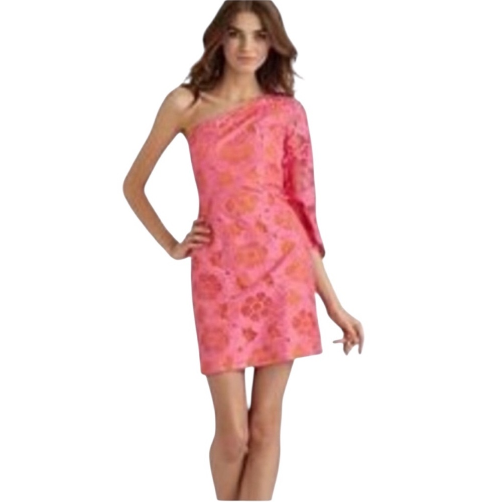 LILLY PULITZER TERESA EYELET HOTTY PINK DOUBLE OR NOTHING ONE SLEEVE SILK DRESS